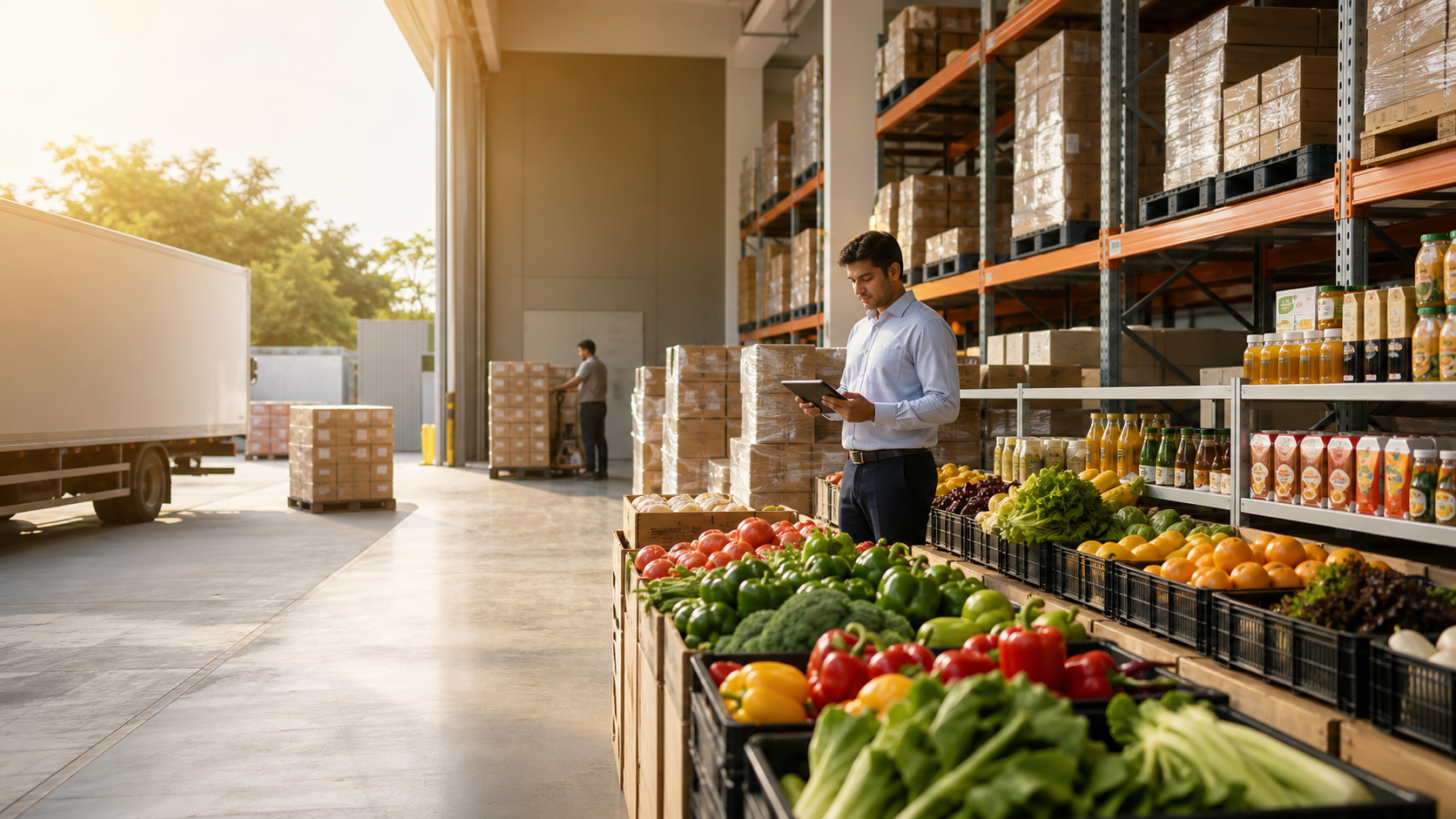 Organized food and beverage distribution facility with fresh produce and packaged goods